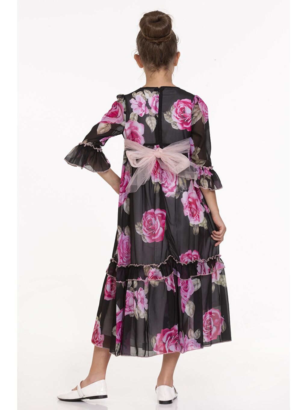 Siyah Gül Desenli Uzun Elbise-1