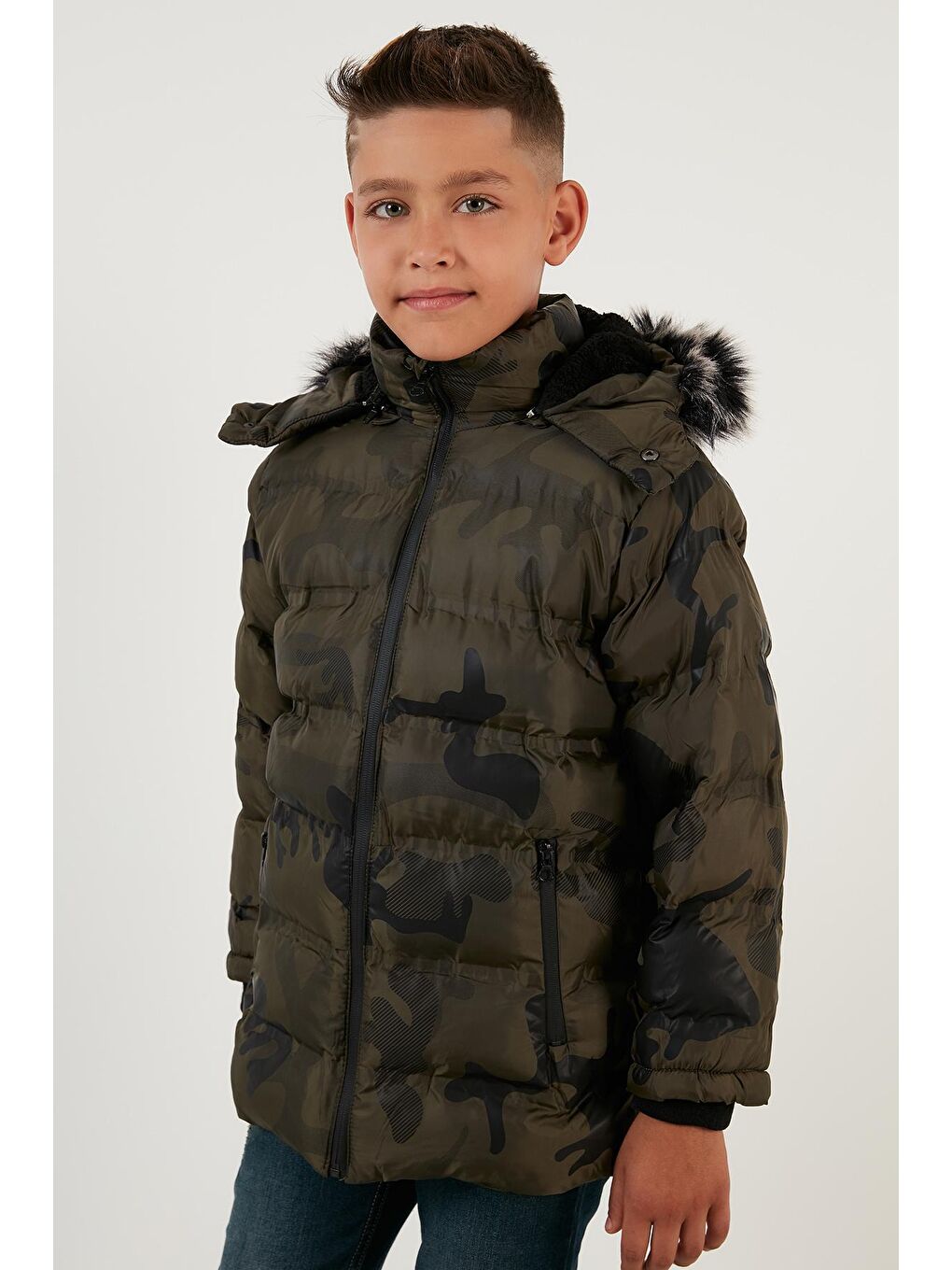 Haki Kamuflaj Desenli Peluş Astarlı Çıkarılabilir Kapüşonlu Cepli Kışlık Mont 5760071-2