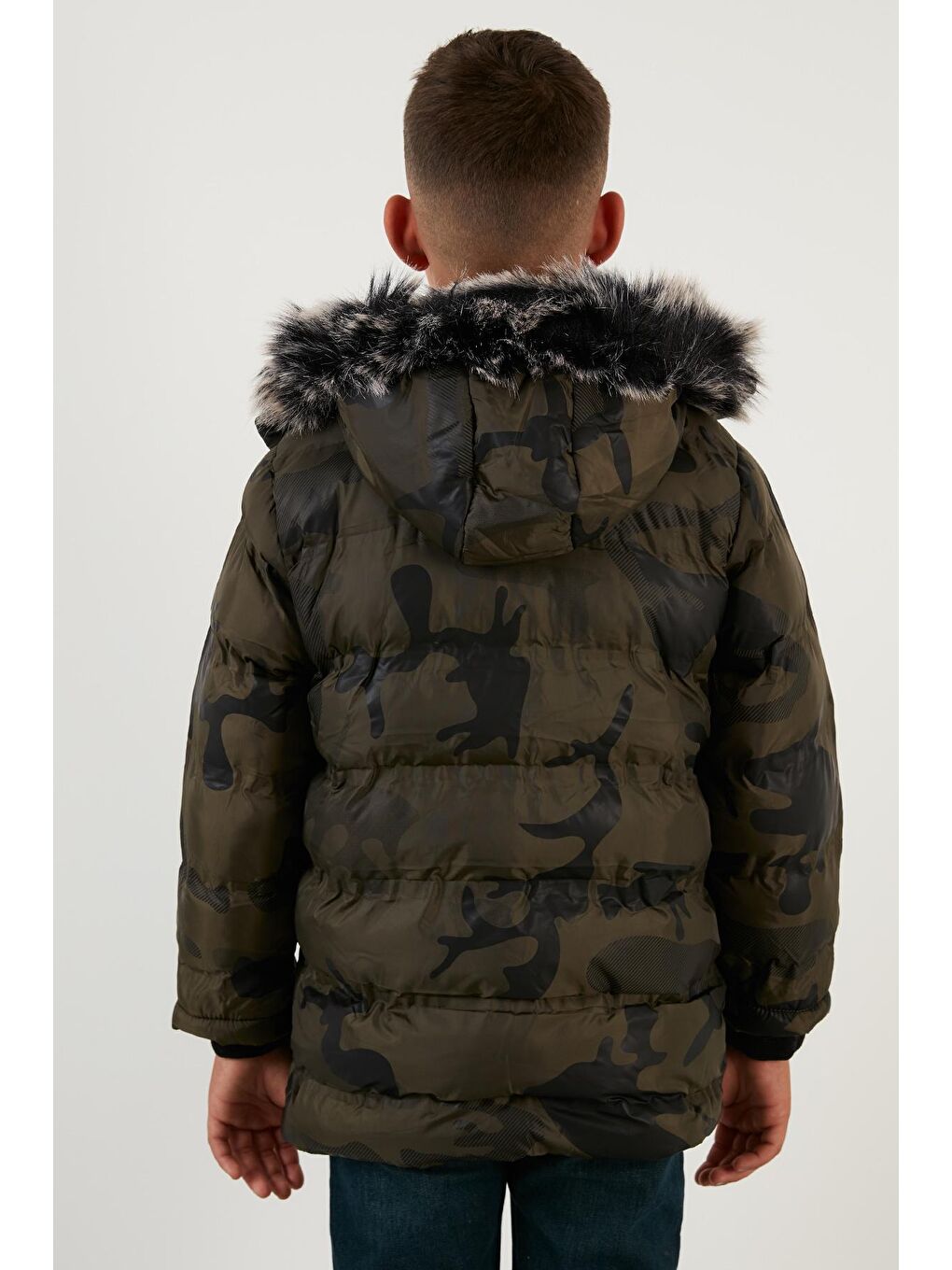 Haki Kamuflaj Desenli Peluş Astarlı Çıkarılabilir Kapüşonlu Cepli Kışlık Mont 5760071-4