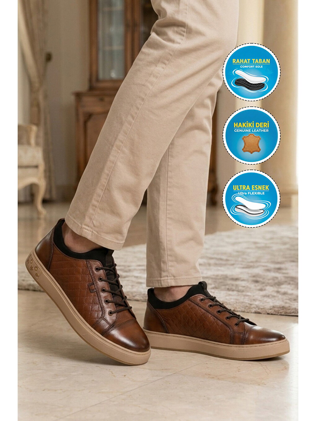 Kahverengi Taba Hakiki Deri Kroko Desenli Rahat Erkek Casual Ayakkabı Sneaker 6424-1 M-2