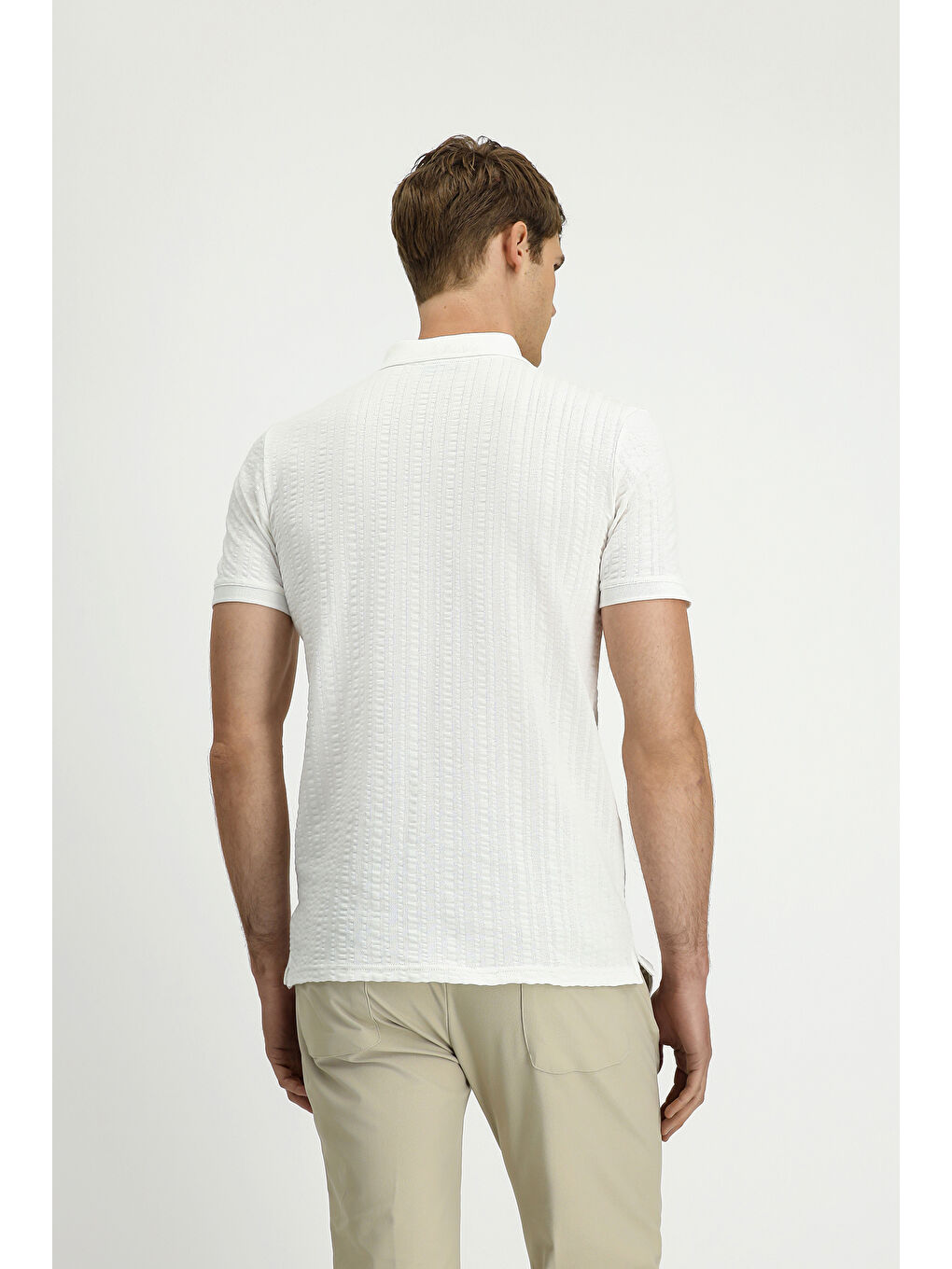 Beyaz Slim Fit Dar Kesim Pamuk Desenli Fermuarlı Polo Yaka Tişört-4