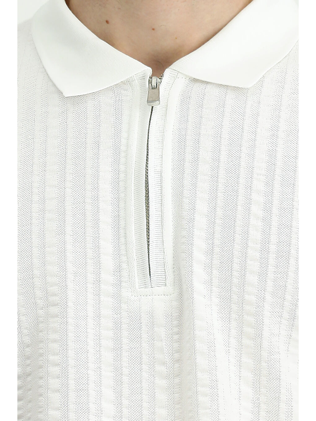 Beyaz Slim Fit Dar Kesim Pamuk Desenli Fermuarlı Polo Yaka Tişört-5