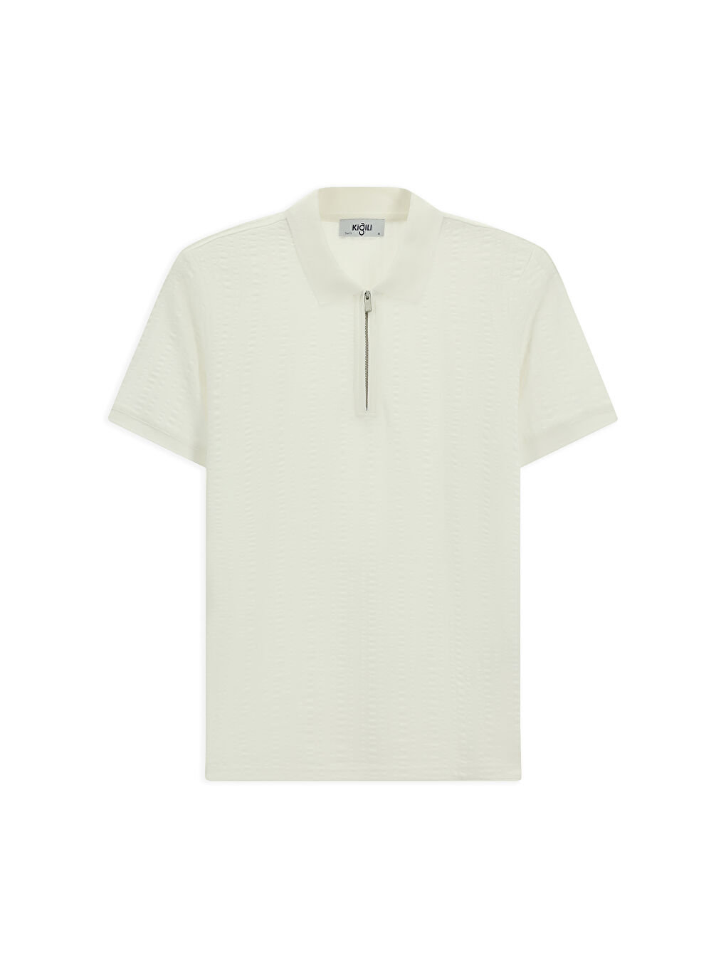 Beyaz Slim Fit Dar Kesim Pamuk Desenli Fermuarlı Polo Yaka Tişört-6
