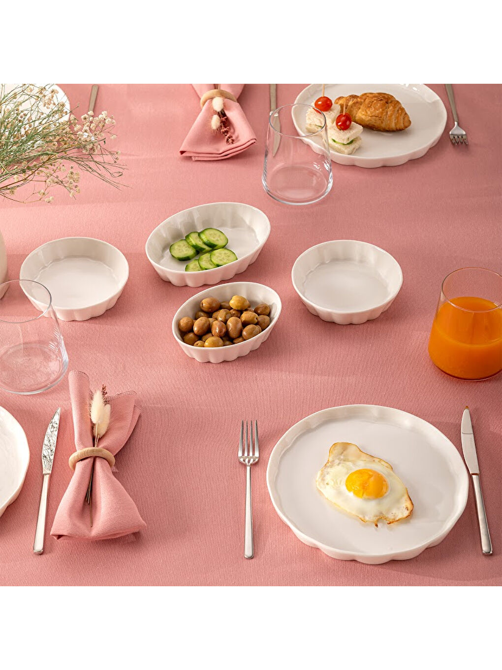 Cozy 14 Parça 6 Kişilik Porselen Kahvaltı Takımı Beyaz-8