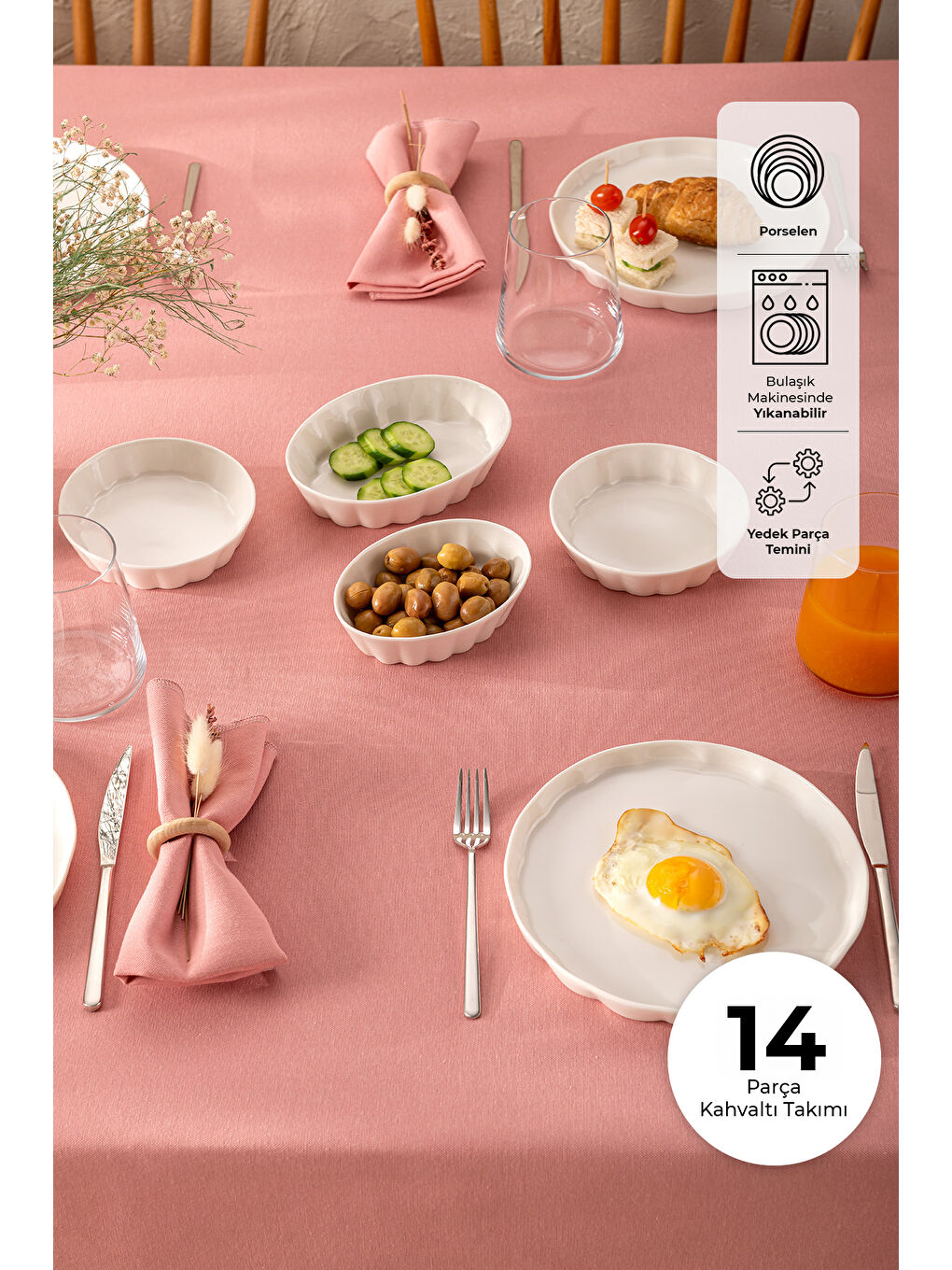 Cozy 14 Parça 6 Kişilik Porselen Kahvaltı Takımı Beyaz-1