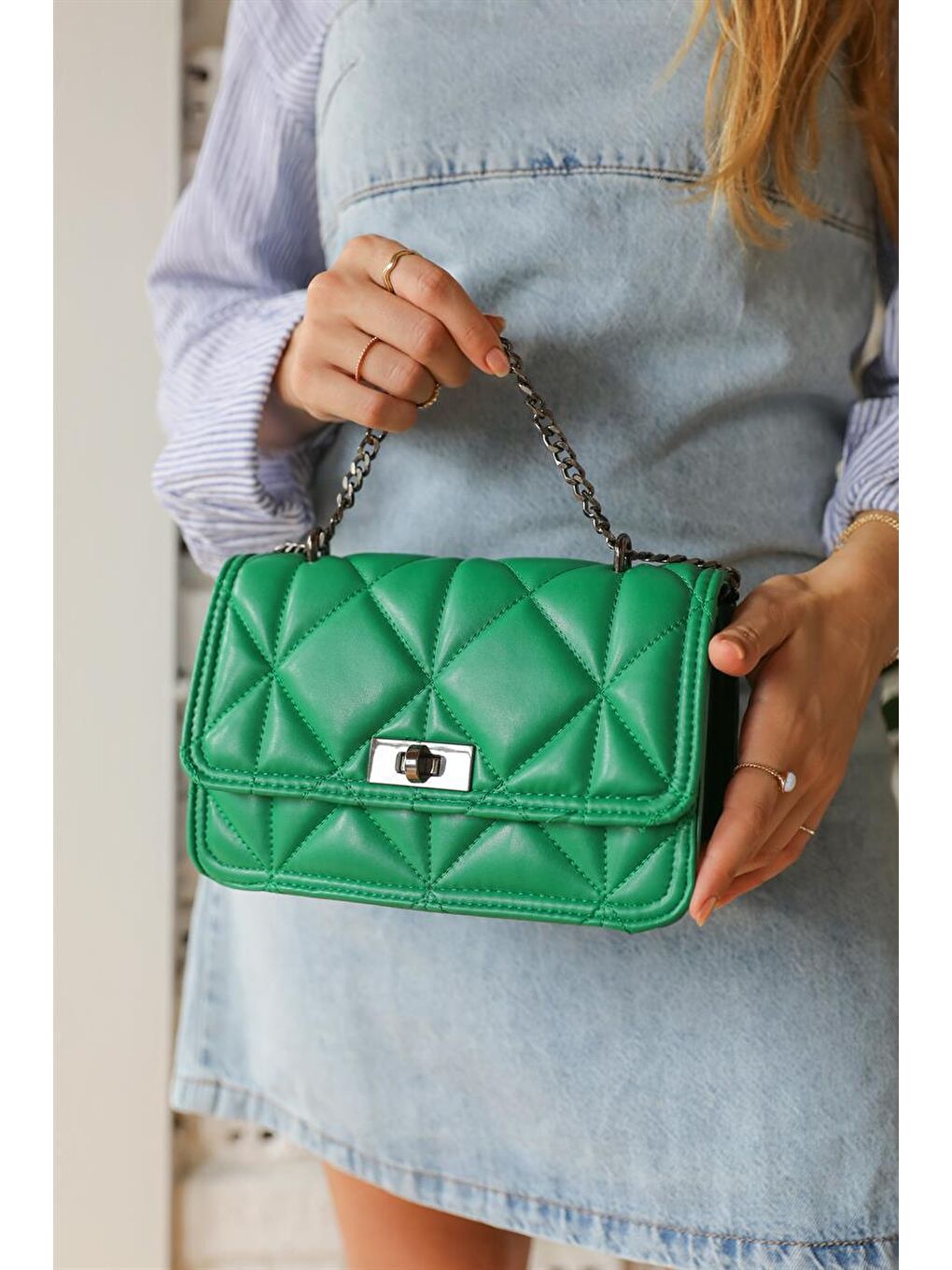 Zincir Askılı El Ve Omuz Çantası Yeşil-2