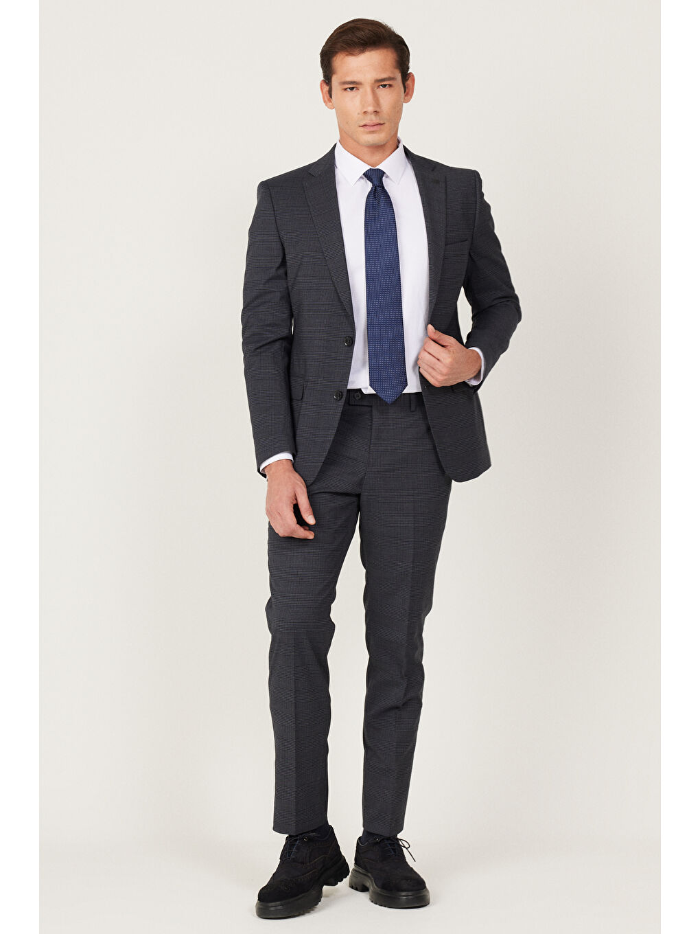 Erkek Antrasit-Lacivert Ekstra Slim Fit Dar Kesim Mono Yaka Desenli Takım Elbise-1