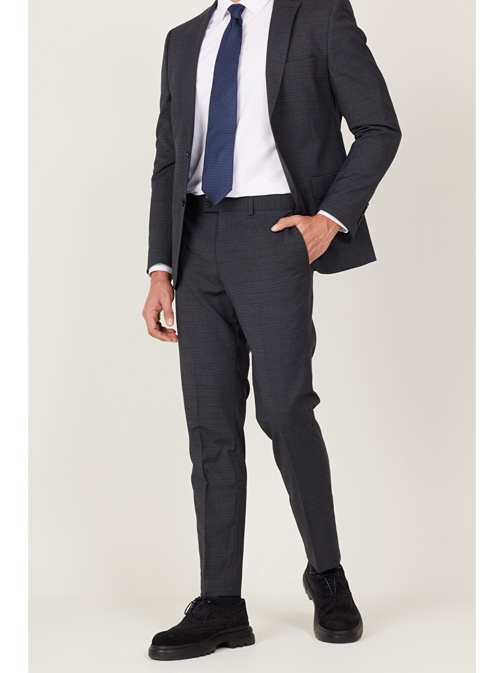 Erkek Antrasit-Lacivert Ekstra Slim Fit Dar Kesim Mono Yaka Desenli Takım Elbise-3