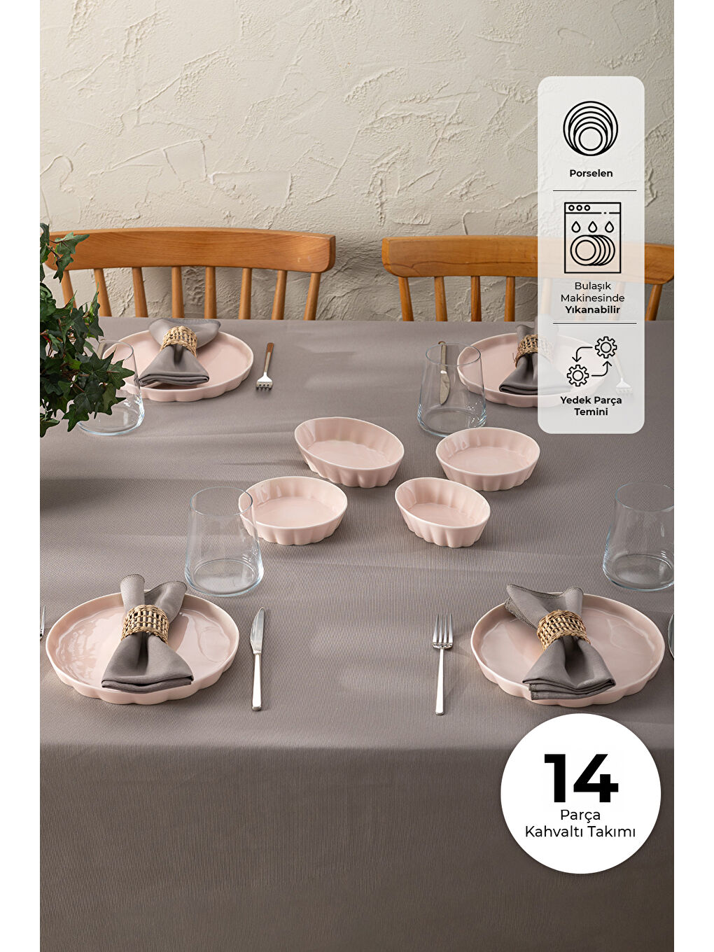 Cozy 14 Parça 6 Kişilik Porselen Kahvaltı Takımı Pembe-1