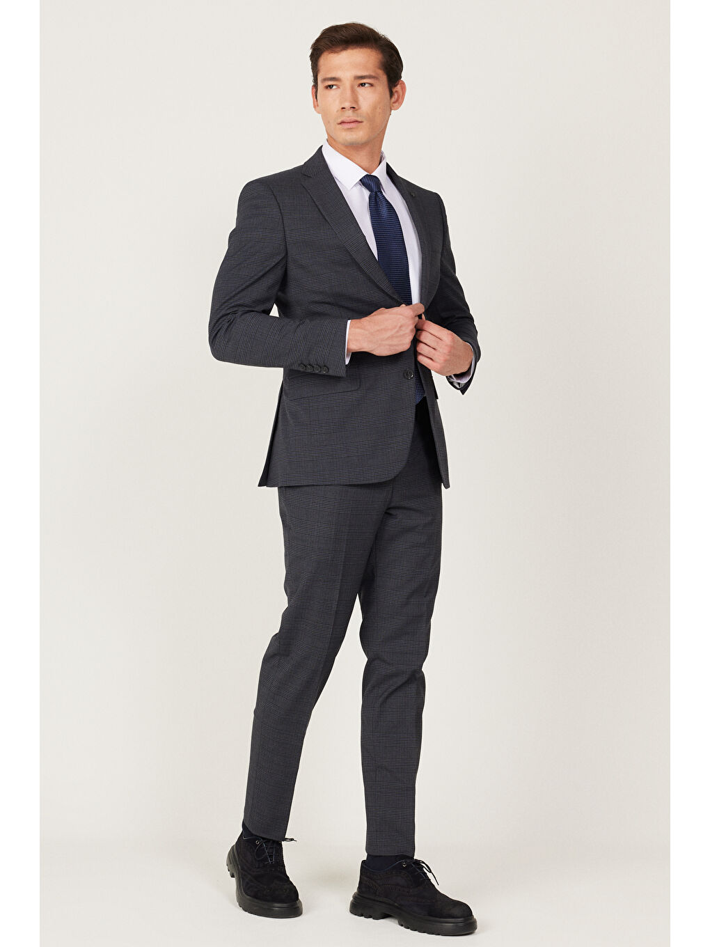 Erkek Antrasit-Lacivert Ekstra Slim Fit Dar Kesim Mono Yaka Desenli Takım Elbise-4