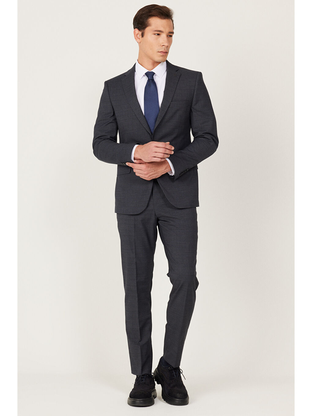 Erkek Antrasit-Lacivert Ekstra Slim Fit Dar Kesim Mono Yaka Desenli Takım Elbise-5