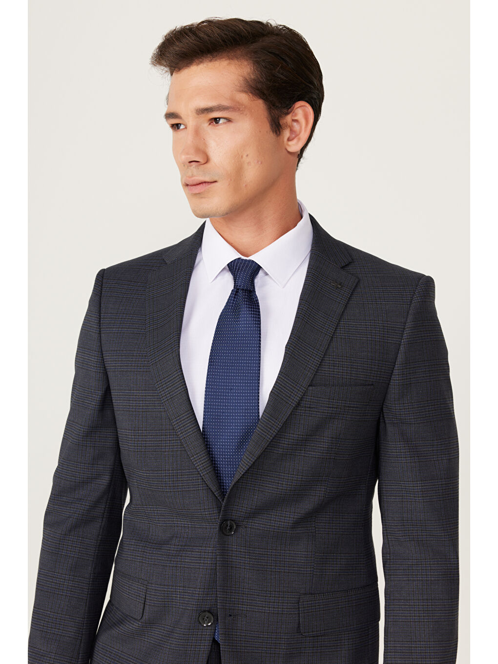 Erkek Antrasit-Lacivert Ekstra Slim Fit Dar Kesim Mono Yaka Desenli Takım Elbise-6