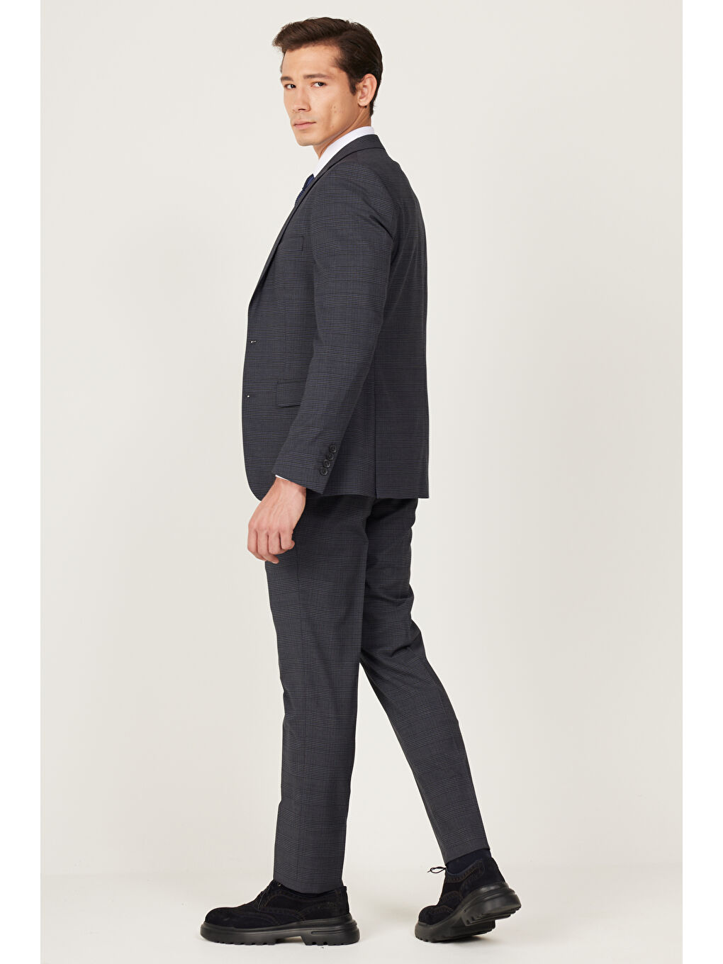 Erkek Antrasit-Lacivert Ekstra Slim Fit Dar Kesim Mono Yaka Desenli Takım Elbise-7