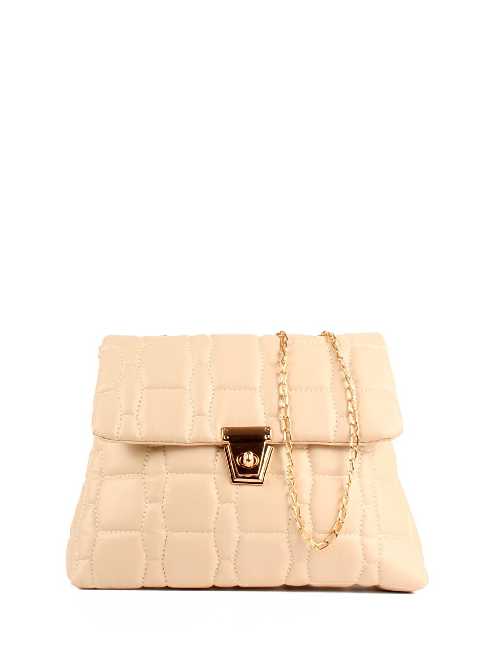 Ekru Kadın Zincir Askılı Nakışlı Kilitli Kapama Omuz Çantası (20713)