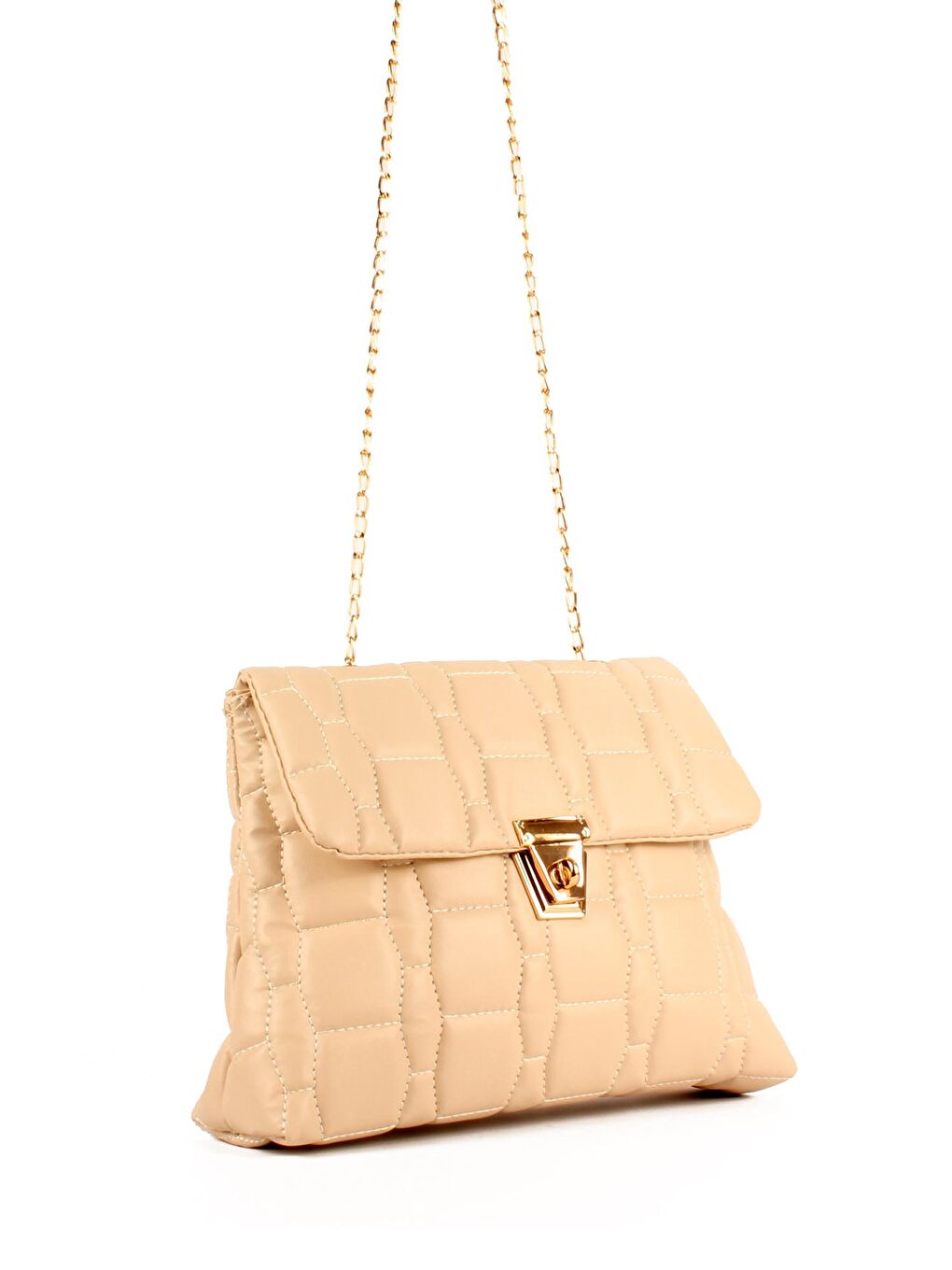 Ekru Kadın Zincir Askılı Nakışlı Kilitli Kapama Omuz Çantası (20713)-1