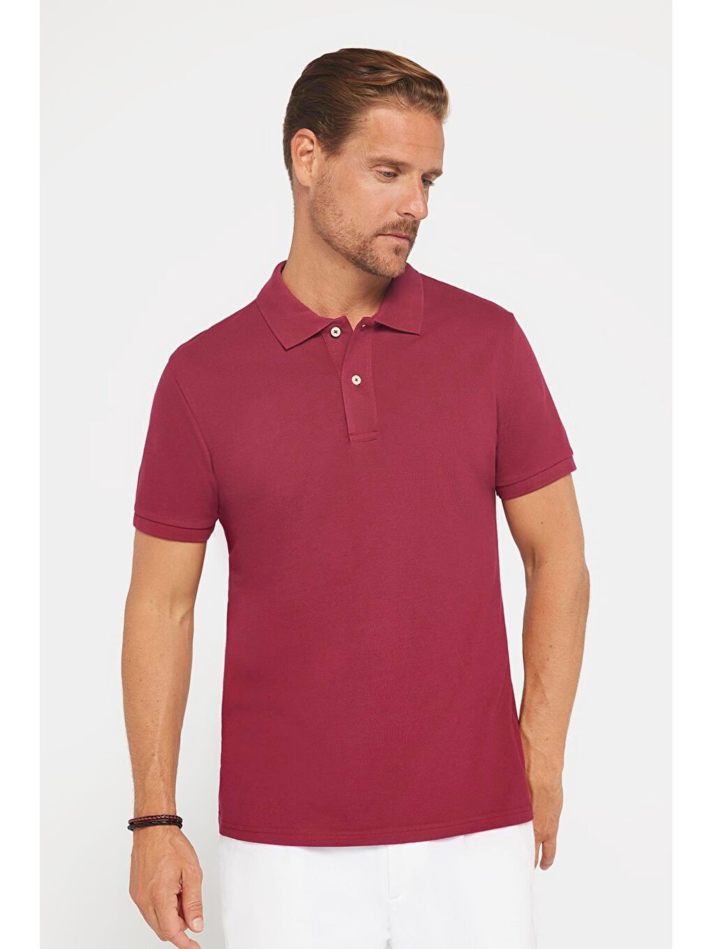 Erkek Slim Fit Dar Kesim %100 Pamuk Düz Pike Bordo Polo Yaka Tişört