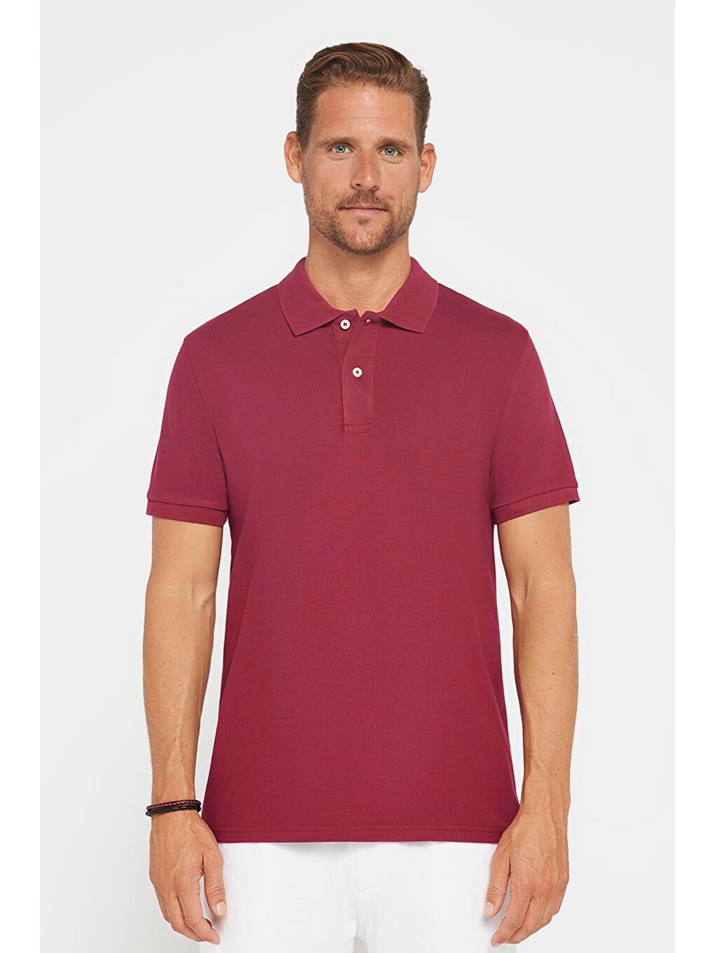 Erkek Slim Fit Dar Kesim %100 Pamuk Düz Pike Bordo Polo Yaka Tişört-1