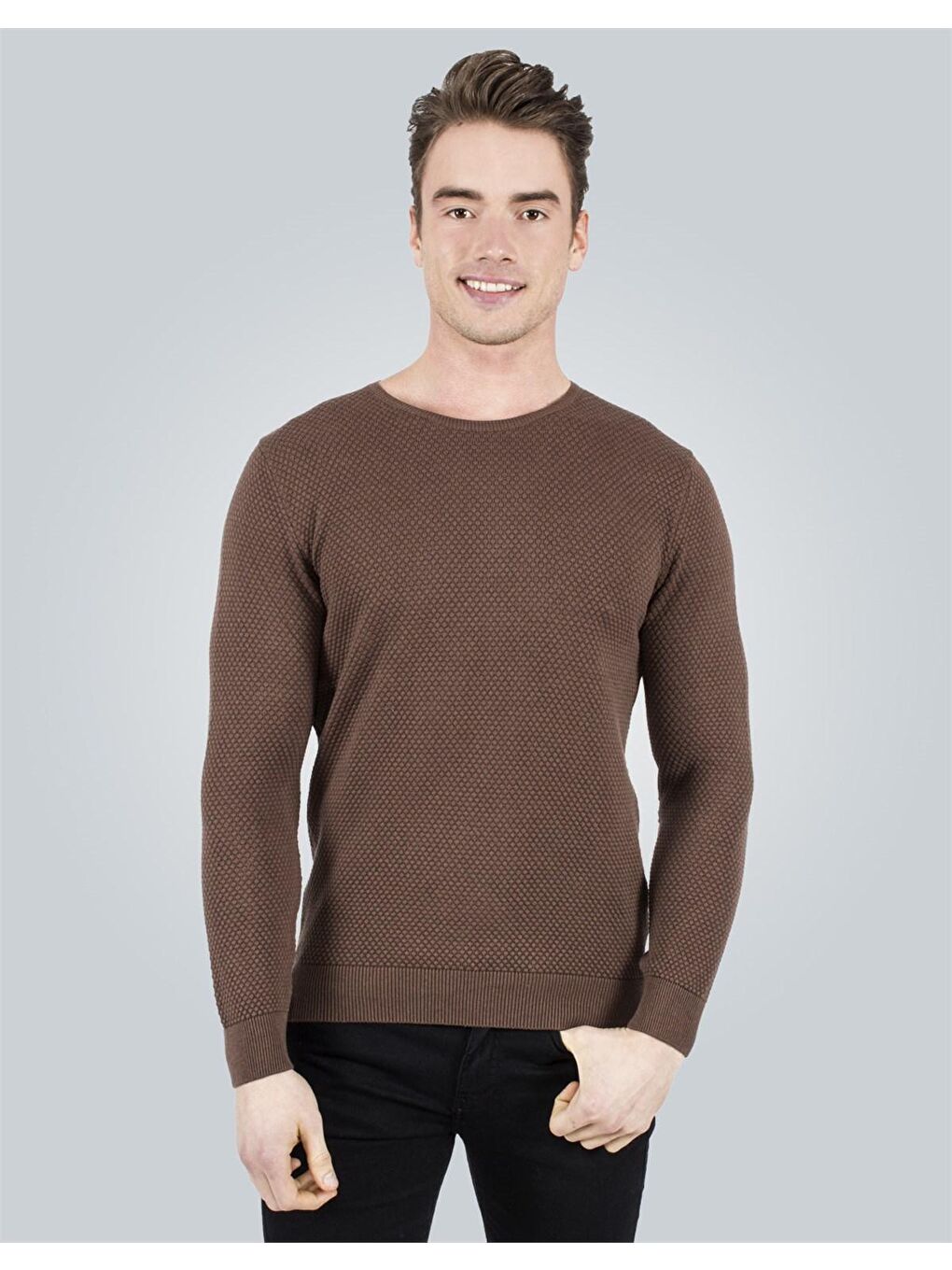 Kahverengi Erkek Standart Fit Normal Kesim Bisiklet Yaka Petek Desenli Kahve Triko Kazak-1