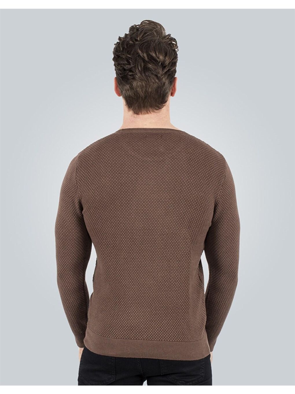 Kahverengi Erkek Standart Fit Normal Kesim Bisiklet Yaka Petek Desenli Kahve Triko Kazak-2