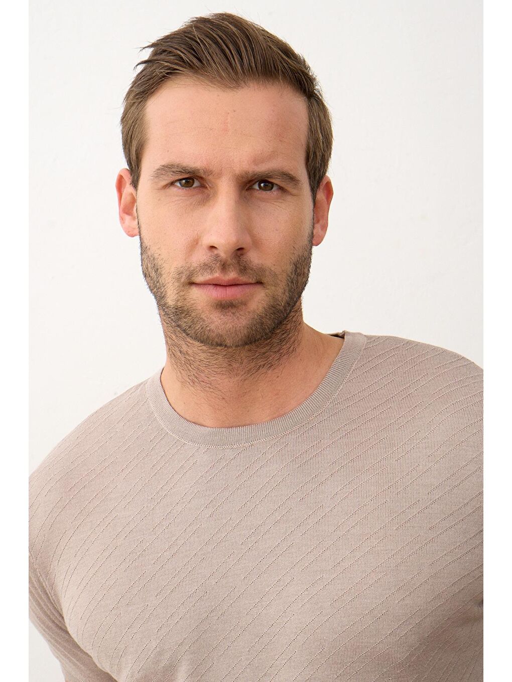 Bej Erkek Çizgili Bisiklet Yaka Slim-Fit İnce Triko Tişört Vizon-1