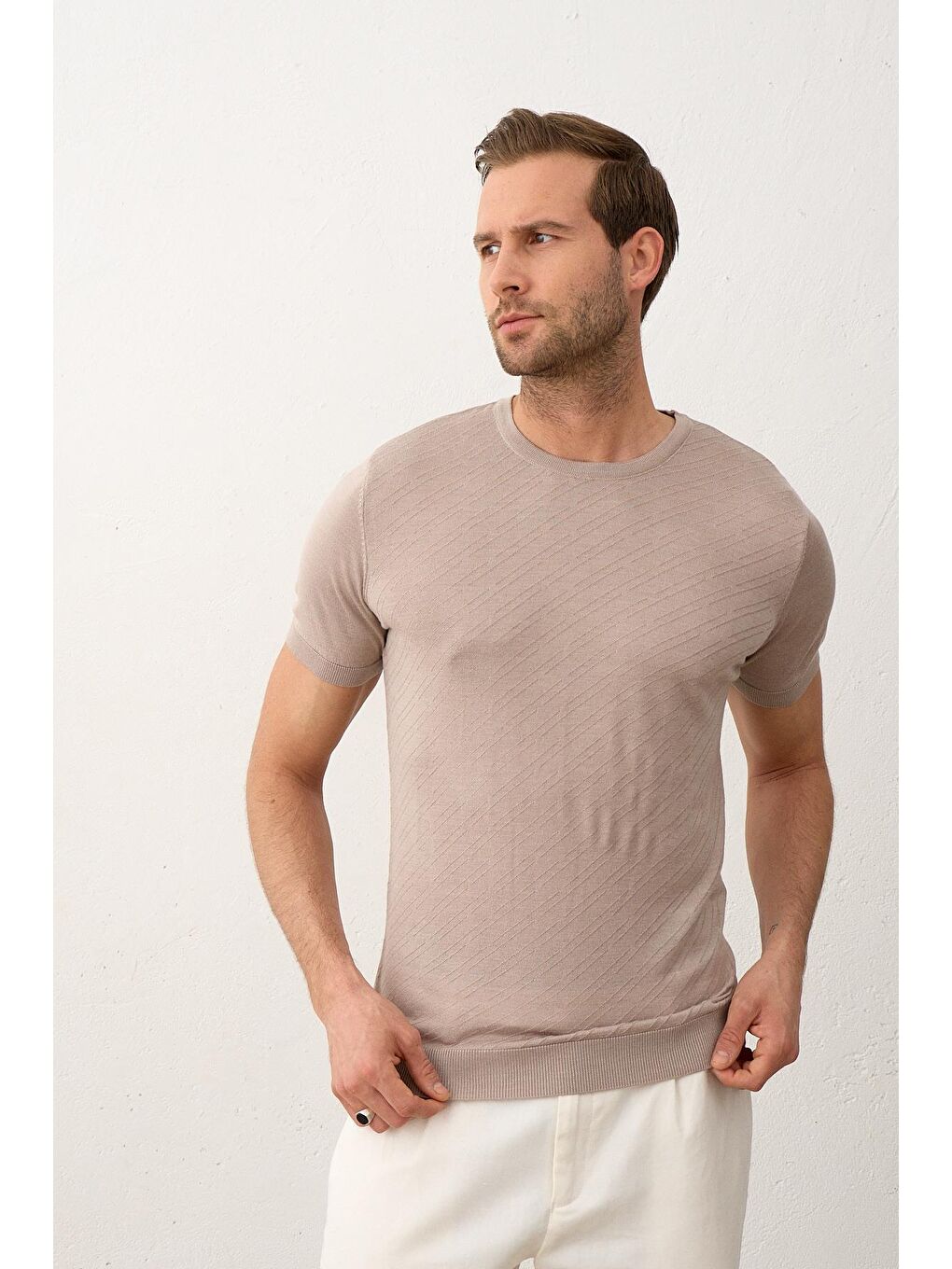 Bej Erkek Çizgili Bisiklet Yaka Slim-Fit İnce Triko Tişört Vizon-2