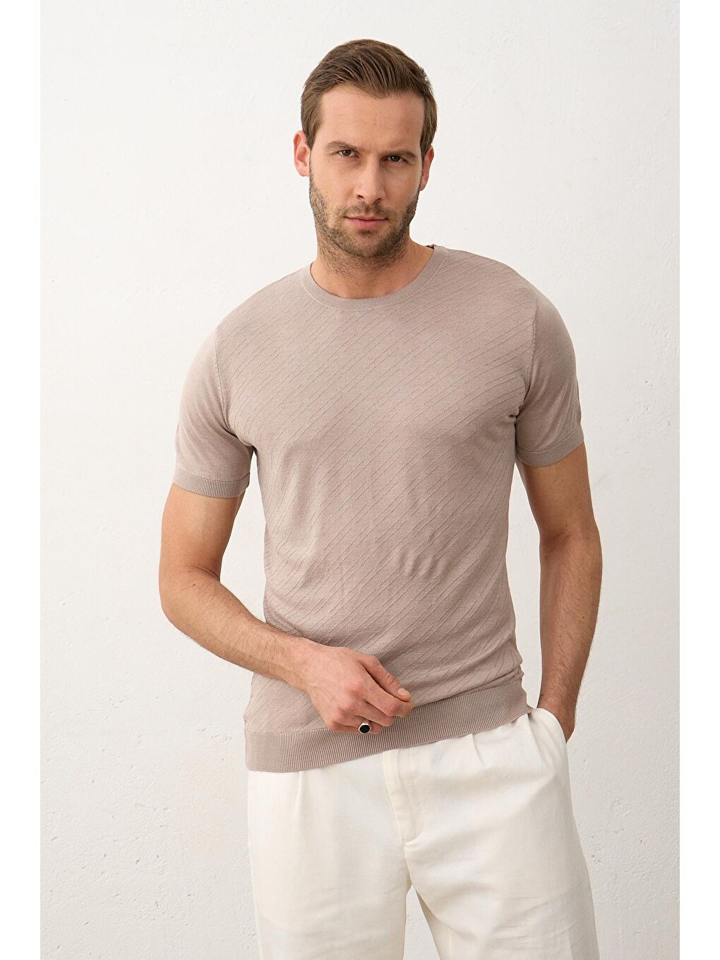 Bej Erkek Çizgili Bisiklet Yaka Slim-Fit İnce Triko Tişört Vizon-3