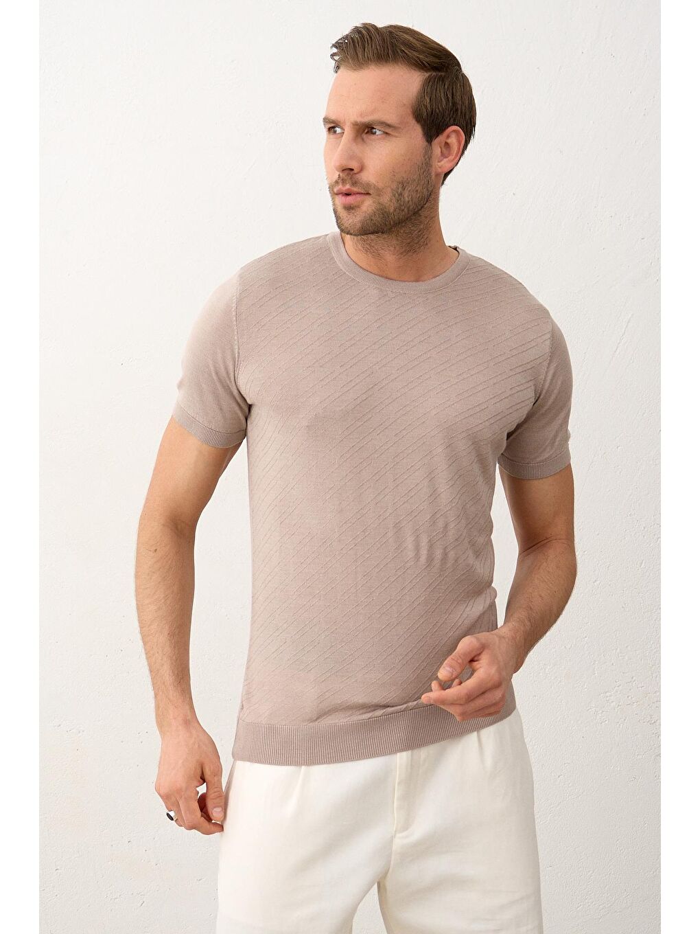 Bej Erkek Çizgili Bisiklet Yaka Slim-Fit İnce Triko Tişört Vizon-4