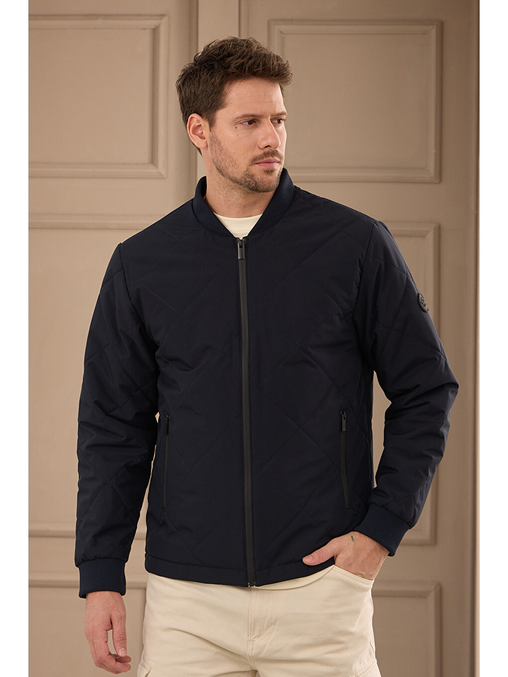 Lacivert Erkek Kapitone Bomber Yaka Mont Ceket