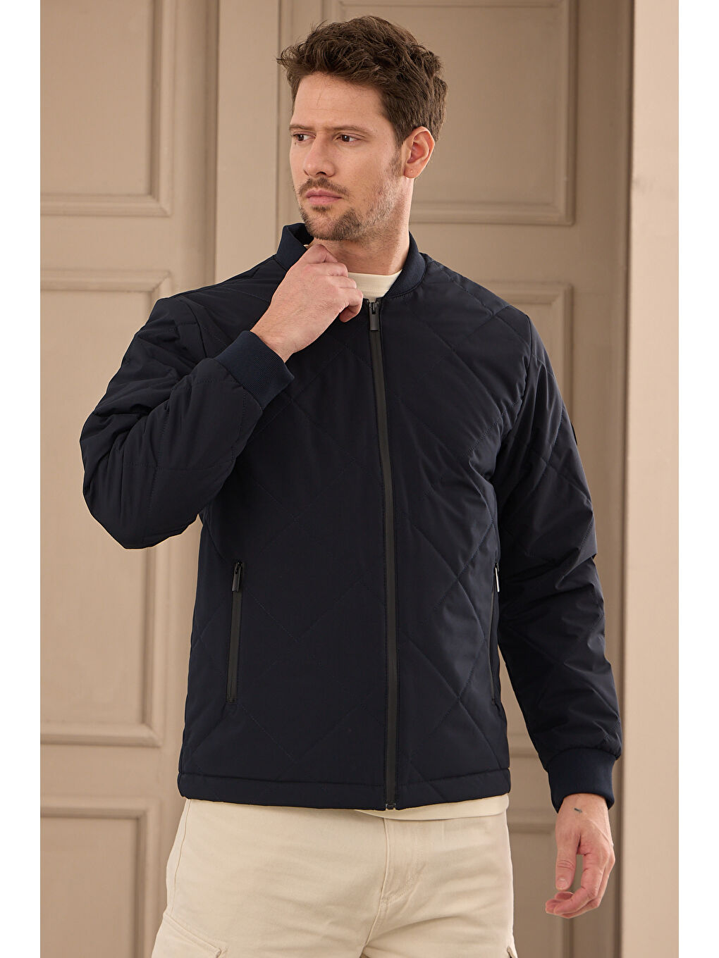 Lacivert Erkek Kapitone Bomber Yaka Mont Ceket-2