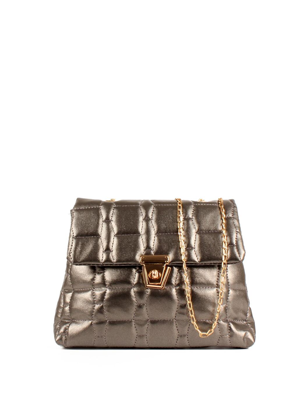 Gri Kadın Zincir Askılı Nakışlı Kilitli Kapama Omuz Çantası (20713)