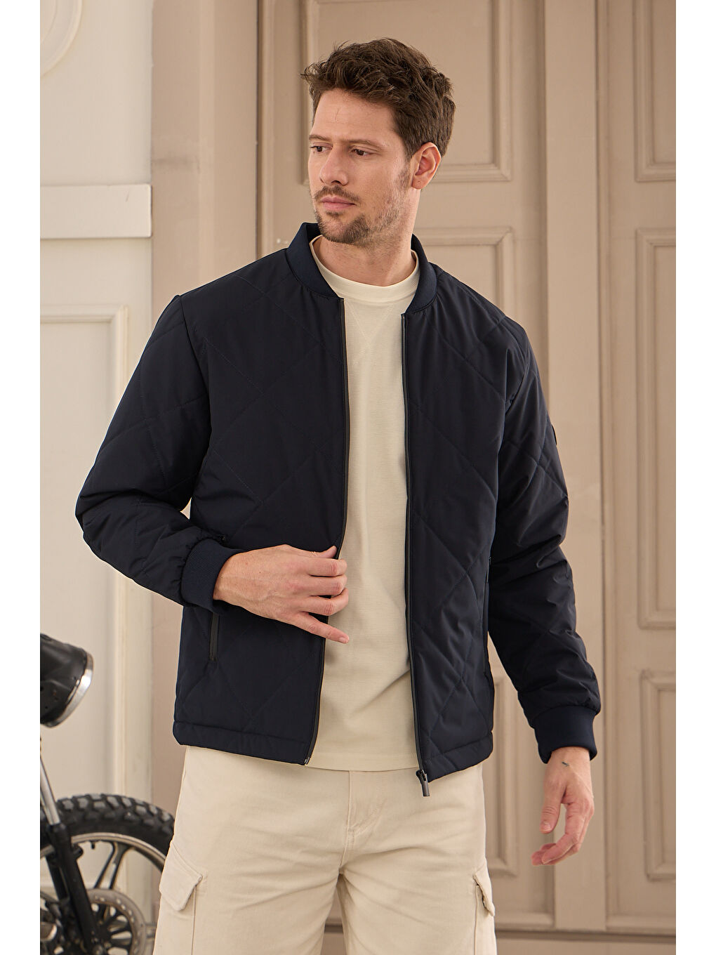 Lacivert Erkek Kapitone Bomber Yaka Mont Ceket-3