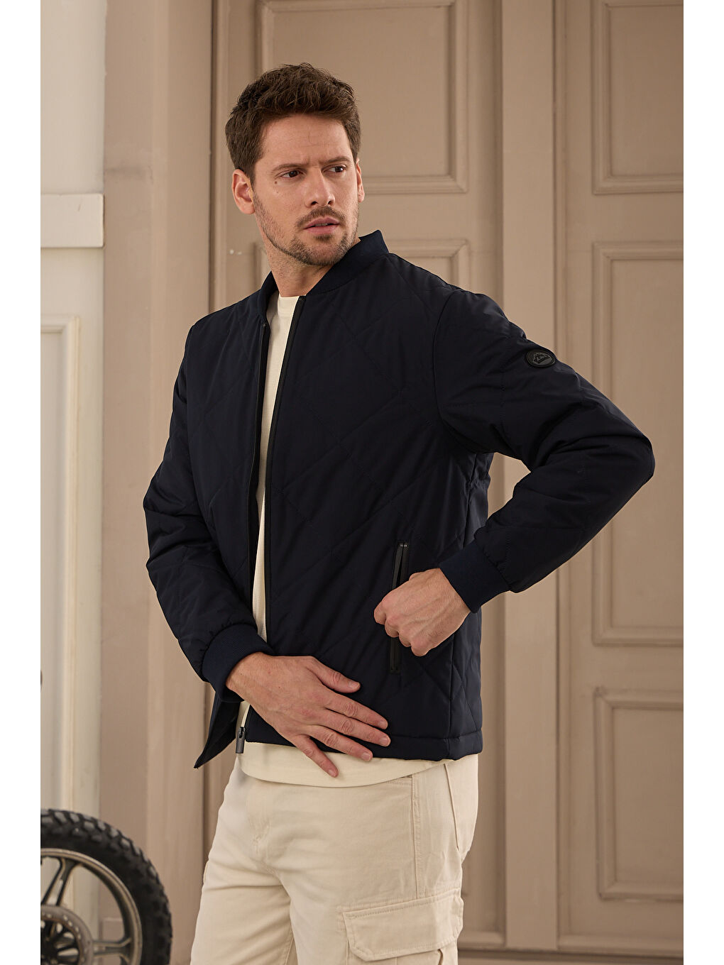 Lacivert Erkek Kapitone Bomber Yaka Mont Ceket-4