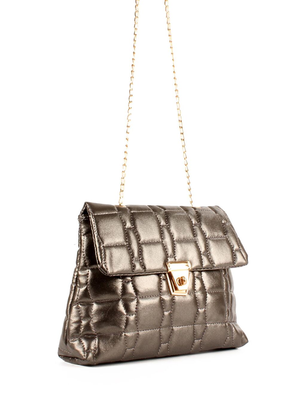 Gri Kadın Zincir Askılı Nakışlı Kilitli Kapama Omuz Çantası (20713)-1