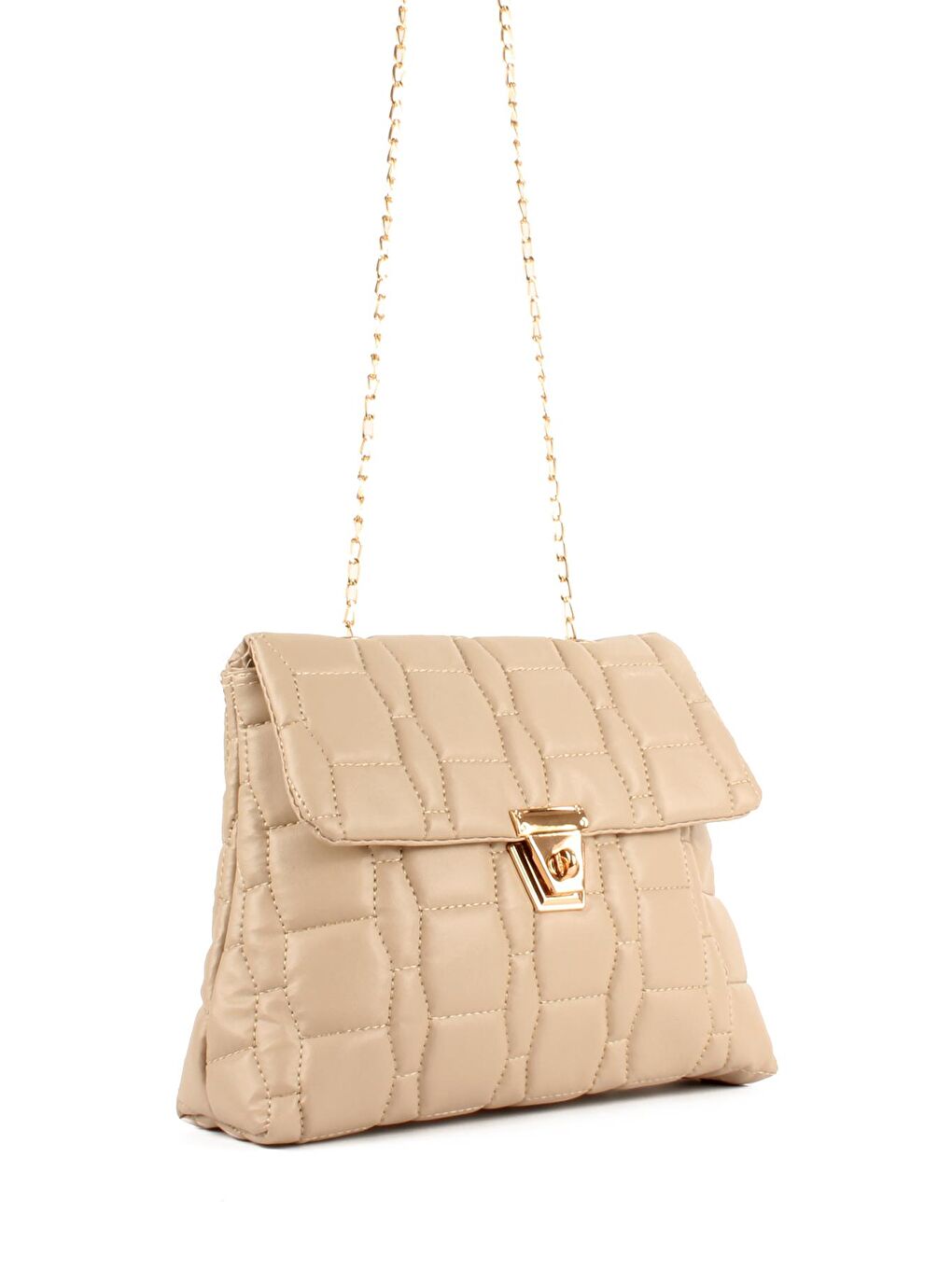 Bej Kadın Zincir Askılı Nakışlı Kilitli Kapama Omuz Çantası (20713)-1