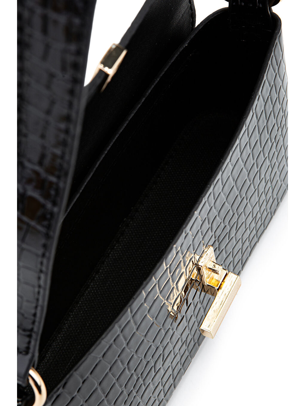 Kapaklı Baget Lara Kadın El Ve Omuz Çanta Siyah Croco-3