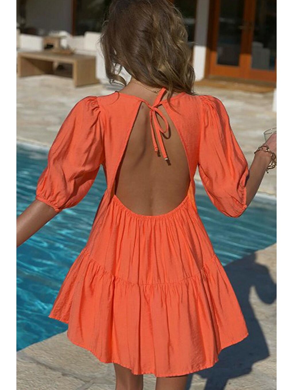 Turuncu Sırt Dekolteli Basic Kısa Elbise-4