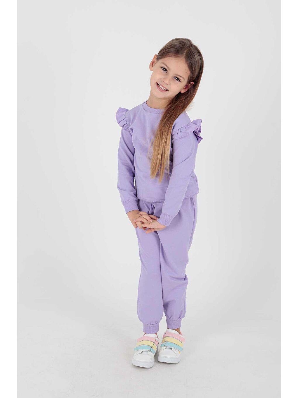 Lila Kız Çocuk Fırfırlı Eşofman Takımı Ak2203