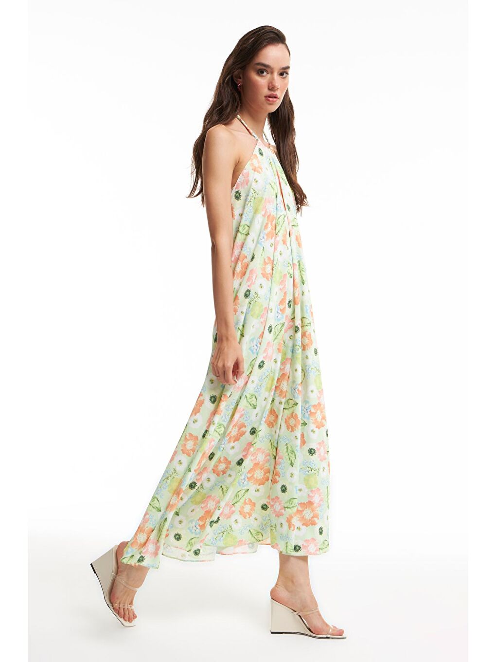 Boyundan Bağlamalı Uzun Elbise Yeşil