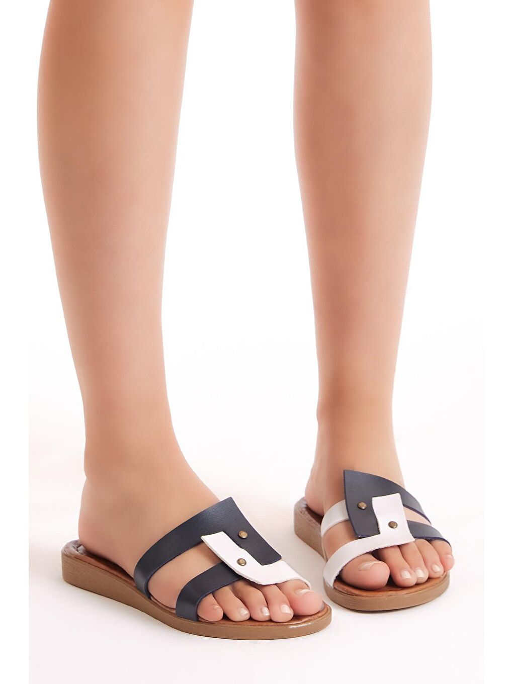 Kadın Lacivert Beyaz Çift Bantlı Terlik-2