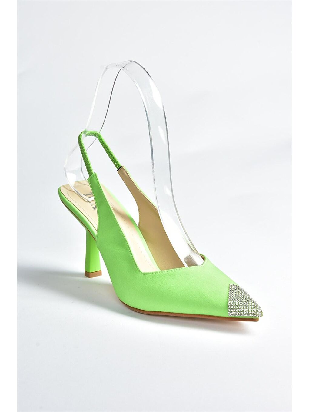 Fıstık Yeşili Saten Kumaş Taş Detaylı Kadın Topuklu Ayakkabı M882027604-4