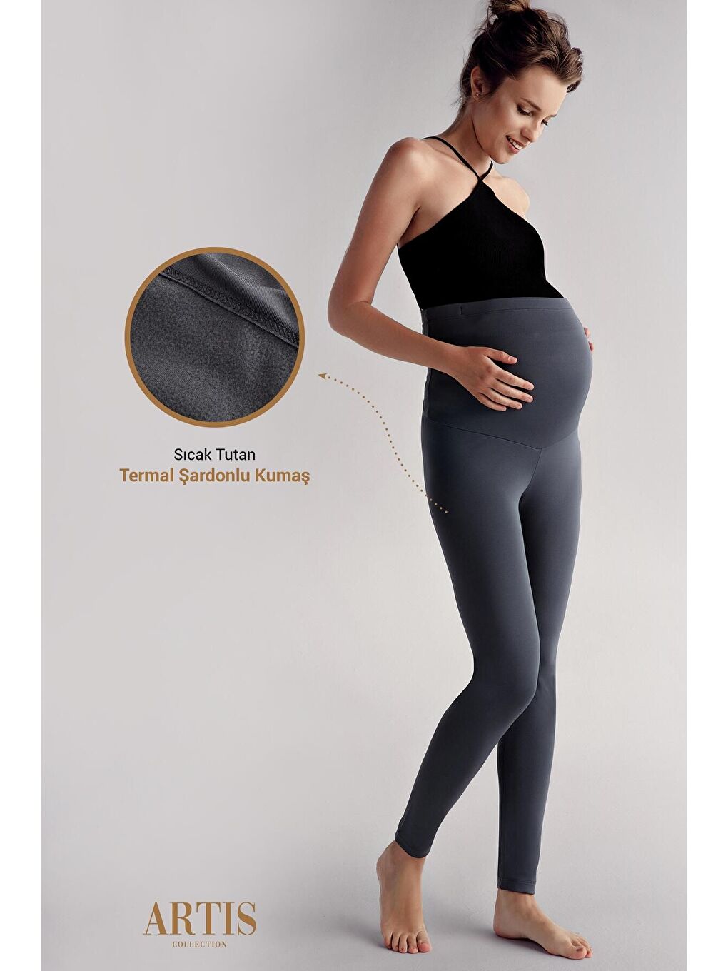Antrasit Termal Şardonlu Sıcak Tutan Esnek Beli Ayarlanabilir Kışlık Hamile Tayt T10