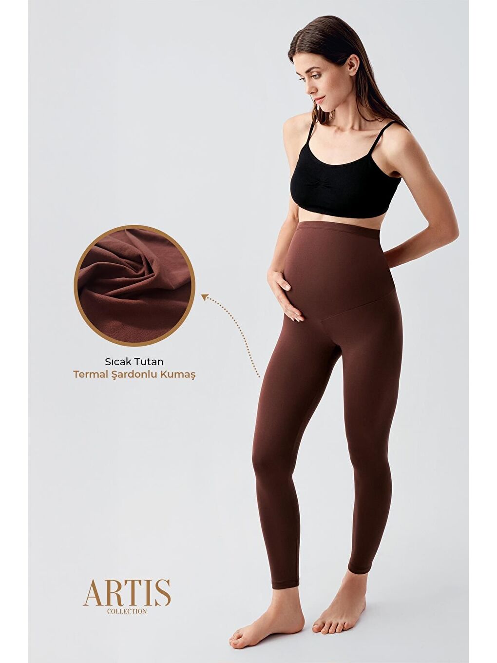 Kahverengi Termal Şardonlu Sıcak Tutan Esnek Beli Ayarlanabilir Kışlık Hamile Tayt T10