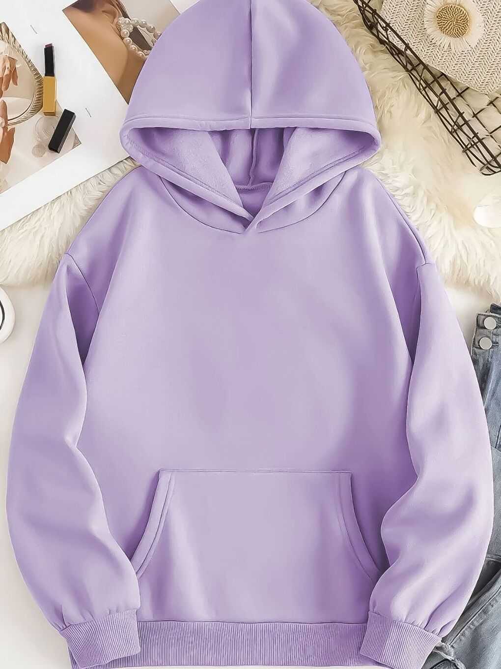 Kadın Lila Düz Oversize Kapüşonlu Sweatshirt Hoodie