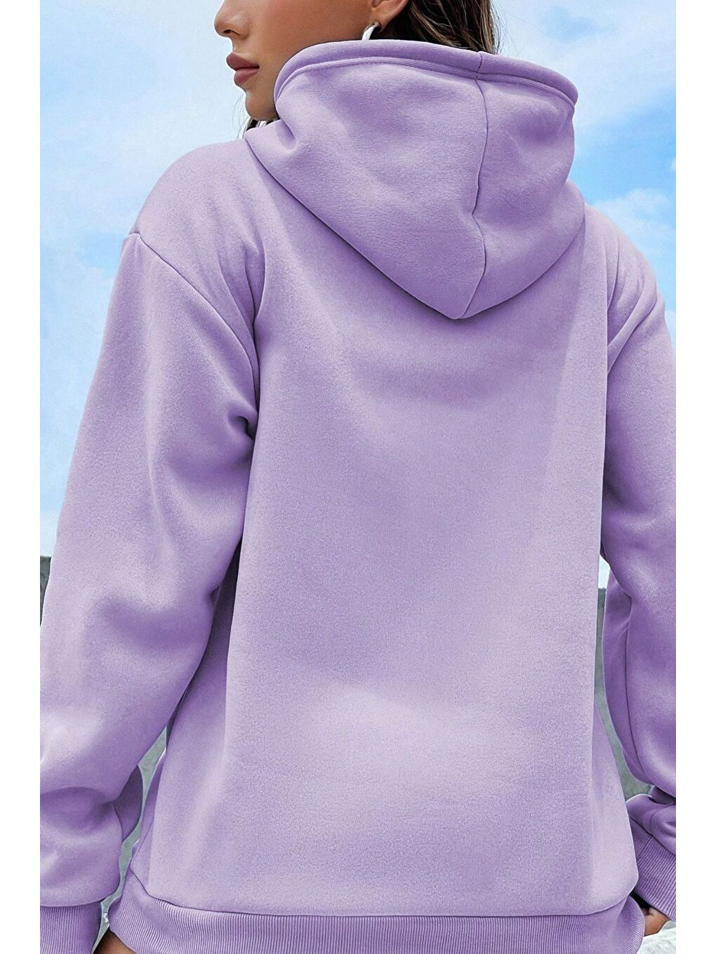 Kadın Lila Düz Oversize Kapüşonlu Sweatshirt Hoodie-1