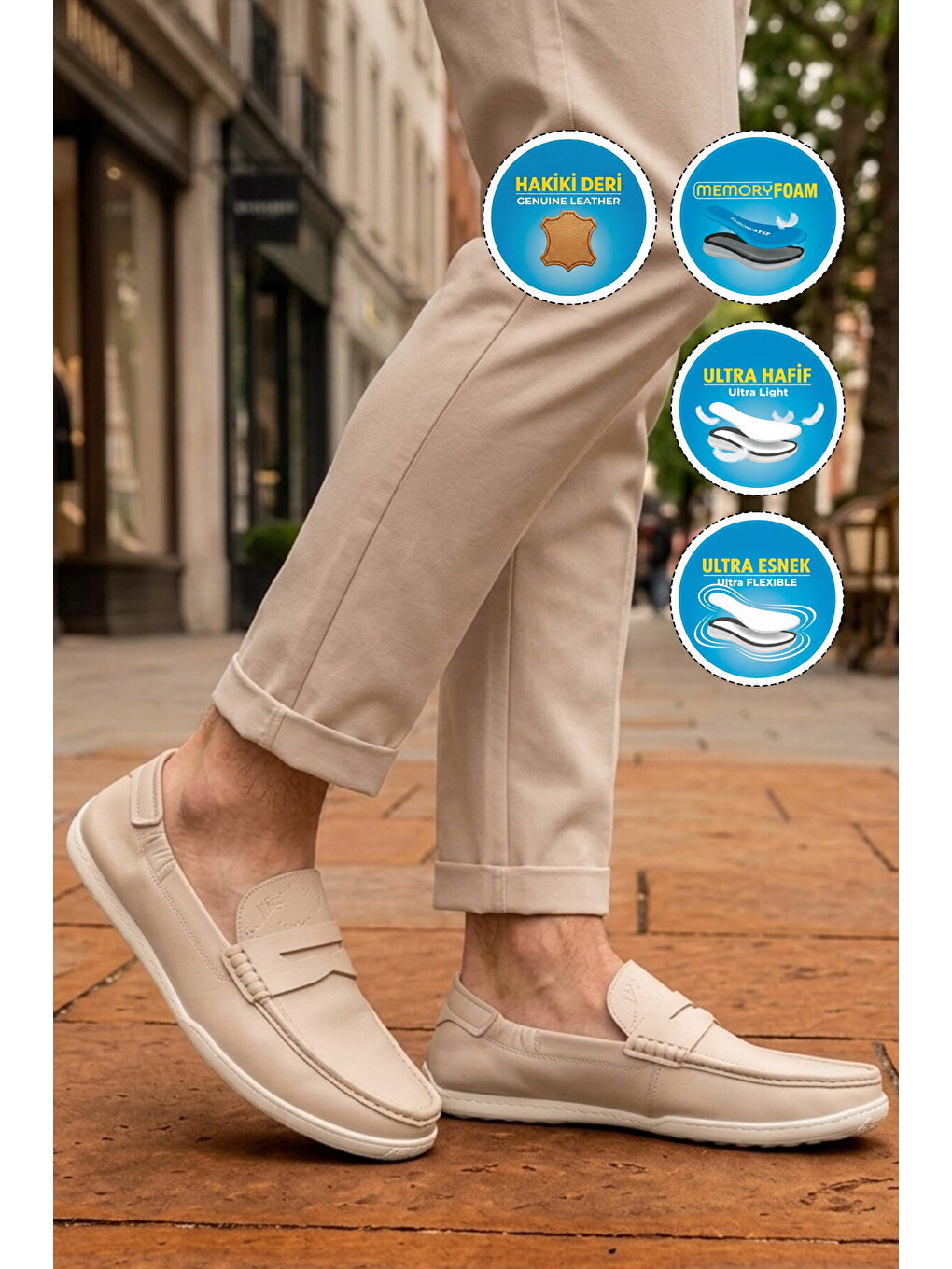 Erkek Hakiki Deri Loafer Mokasen Ayakkabı Hafızalı Taban Hafif Smart Casual Ekru M420 M-2