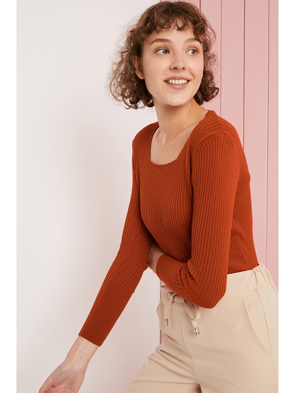 Kahverengi Kadın Taba Kare Yaka Fitilli Dar Kalıp Basic Kazak-1