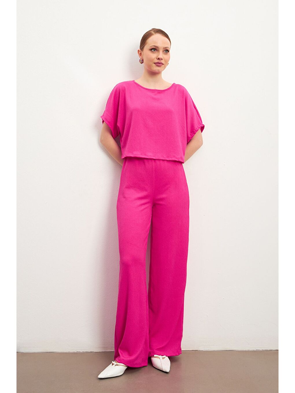 Pembe Kadın Fuşya Kısa Kollu Krinkıl Pantolon Takım-1
