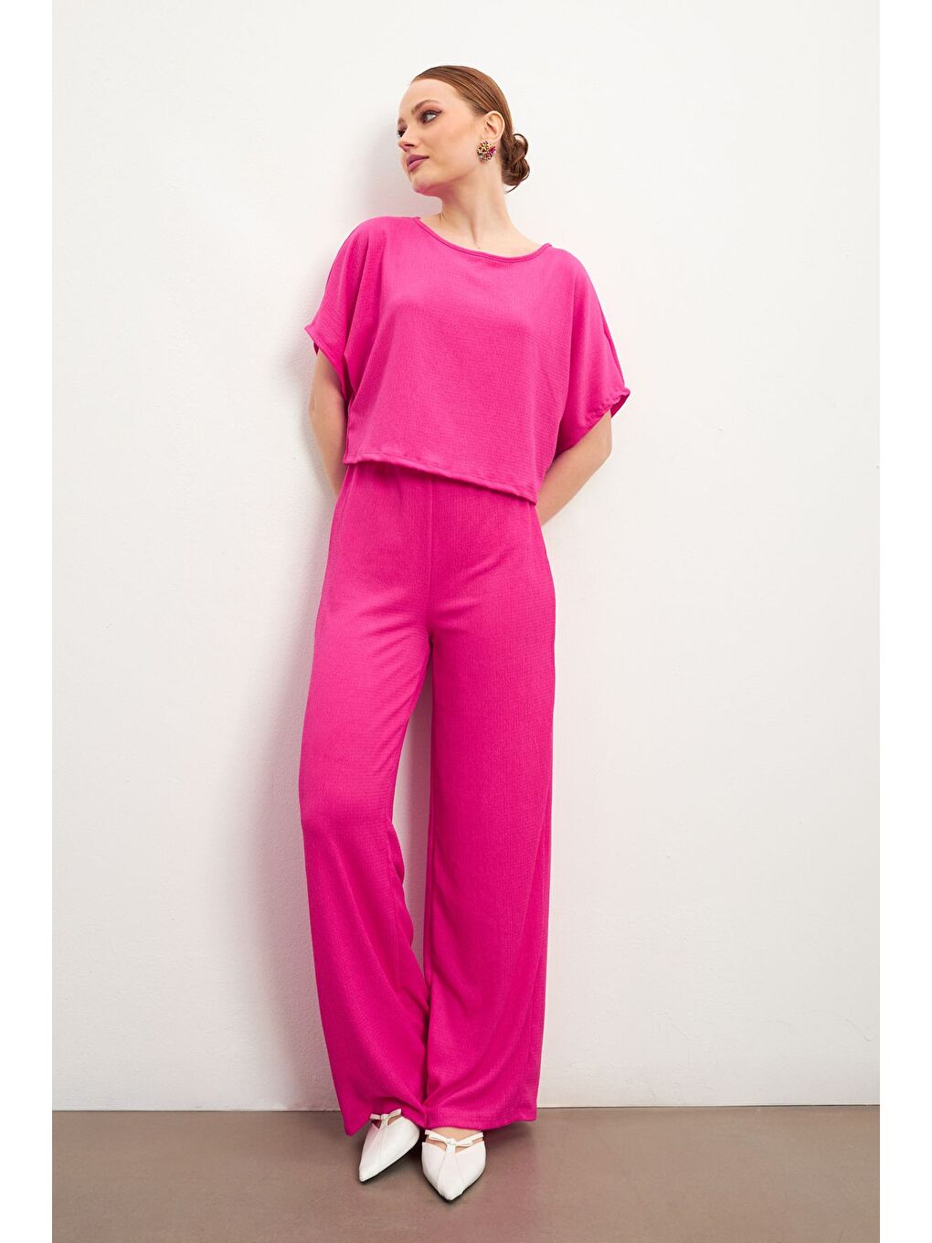 Pembe Kadın Fuşya Kısa Kollu Krinkıl Pantolon Takım-2