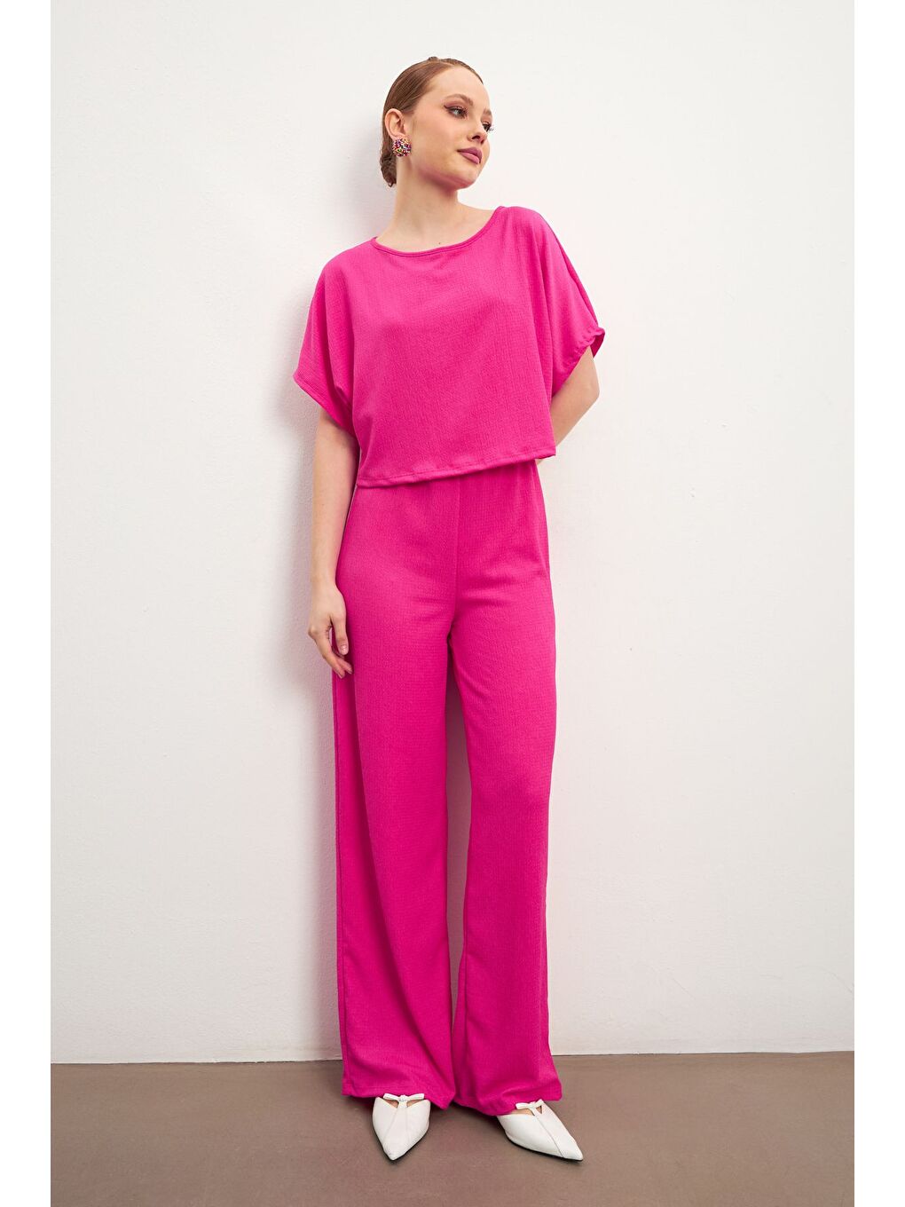 Pembe Kadın Fuşya Kısa Kollu Krinkıl Pantolon Takım-3