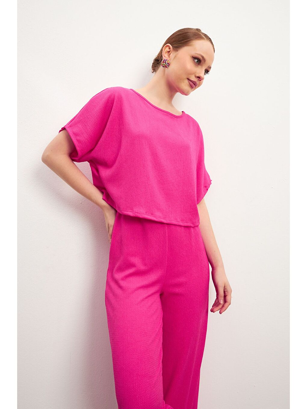 Pembe Kadın Fuşya Kısa Kollu Krinkıl Pantolon Takım-4
